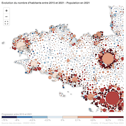 Carte de l'évoltion de la population en Bretagne entre 2015 et 2021